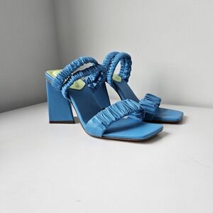 SCHUTZ Lirah Nappa In True Blue Crinkle Leather Straps Triangle Block Sandals